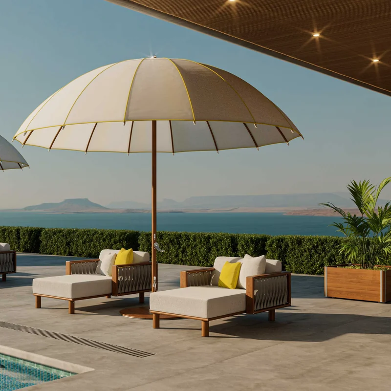Dome-shaped Tuuci Ocean Master MAX Bolero center post parasol with yellow contrast binding over two cushioned lounge chairs on a villa terrace overlooking the sea