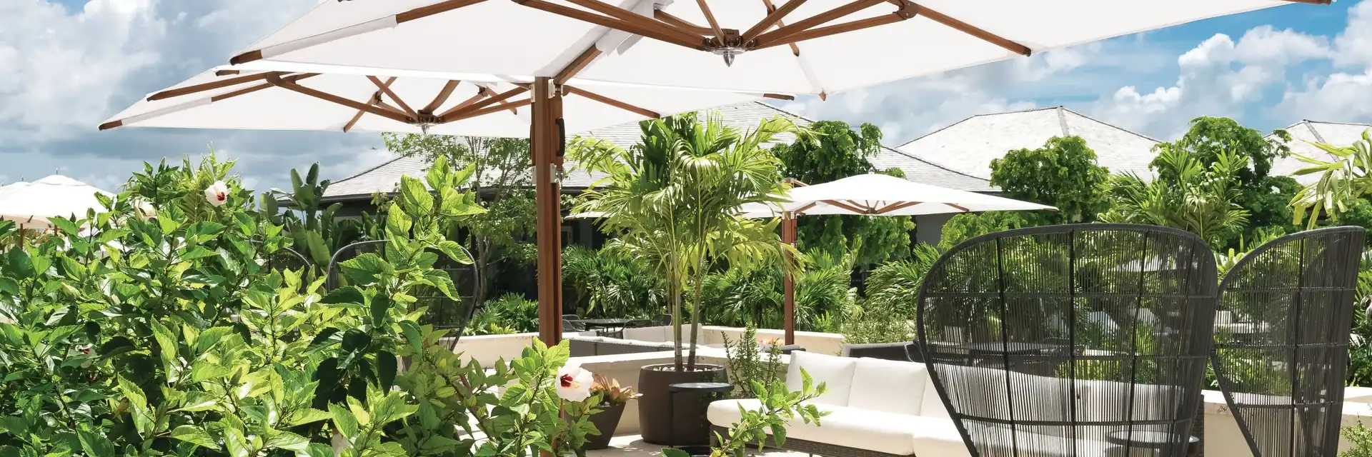 Tuuci Ocean Master MAX Classic parasol with a natural canopy over a lounge area on a planted roof garden