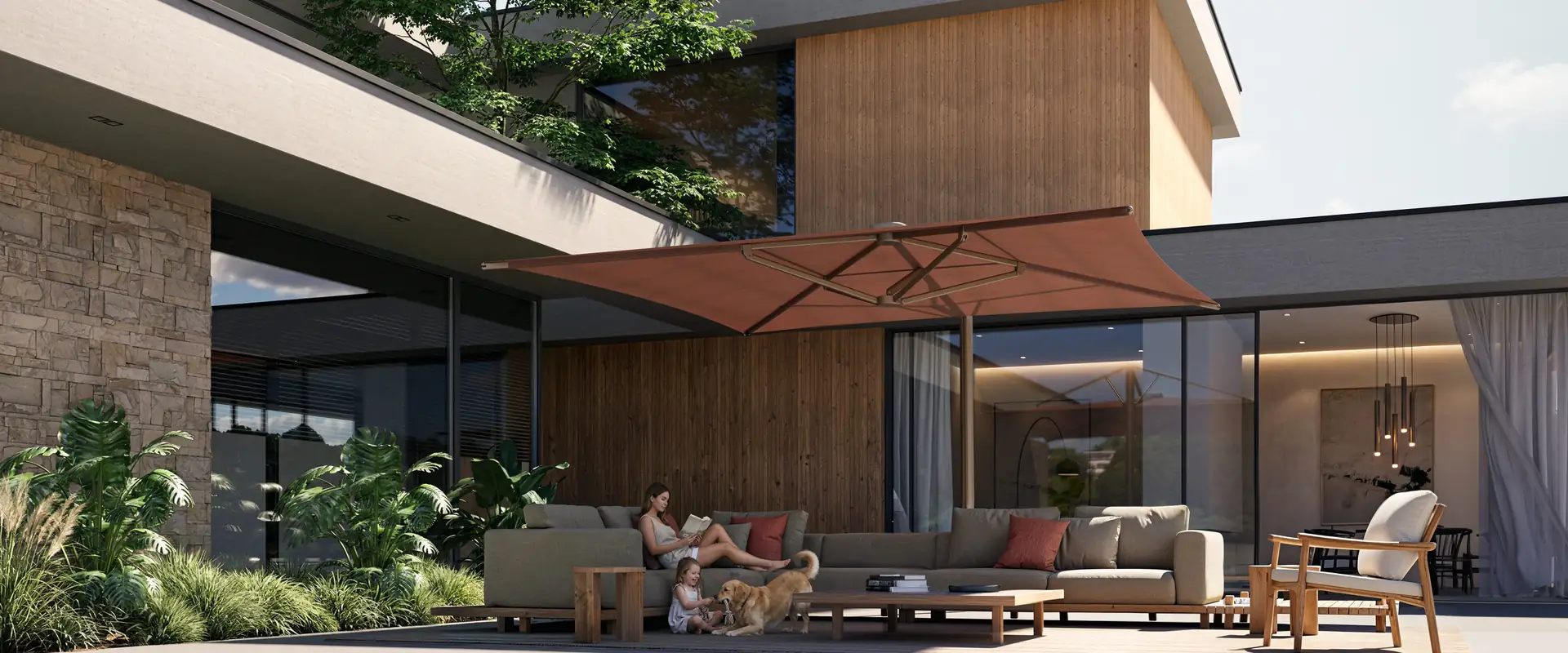 Terracotta Umbrosa Aurelis cantilever parasol over the lounge terrace of a modern stone and timber house
