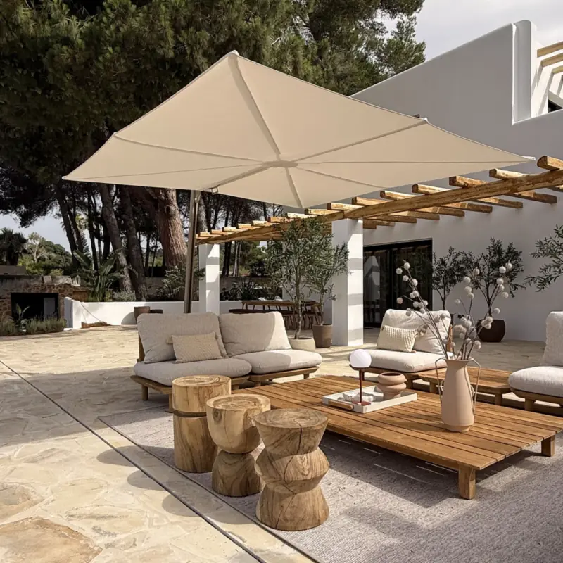 Cream Umbrosa Versa cantilever parasol shading teak lounge sofas on a stone terrace in front of a white Mediterranean villa and pine trees