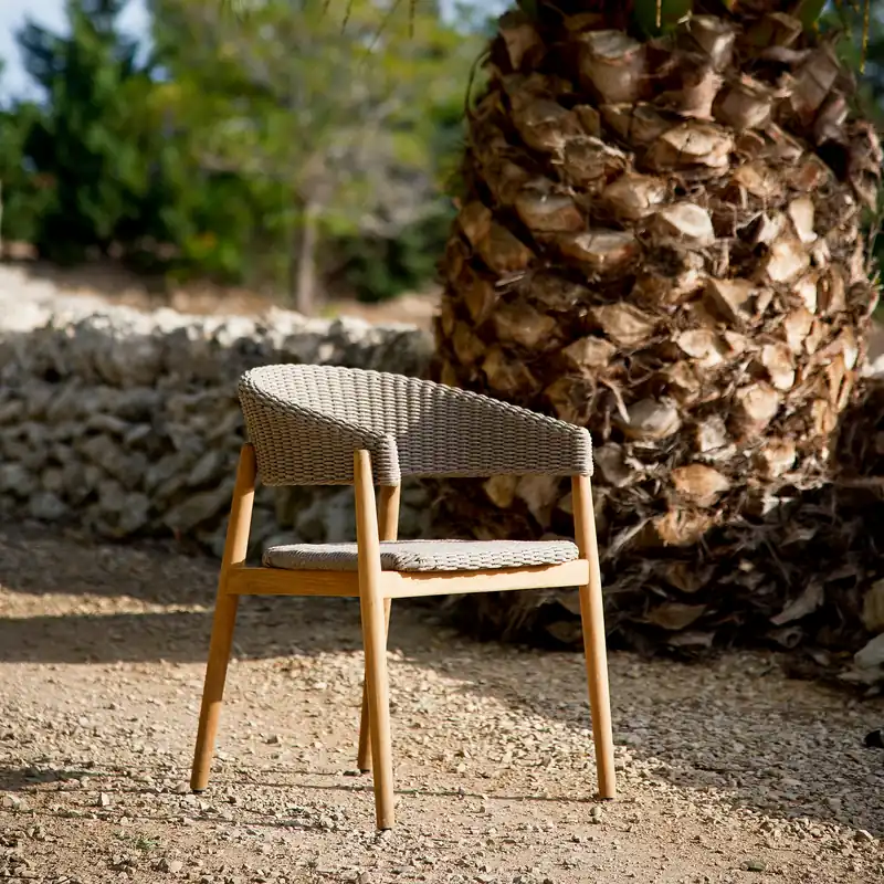 Unopiù Pevero teak armchair with a woven back on gravel beside the trunk of a palm tree and a stone wall