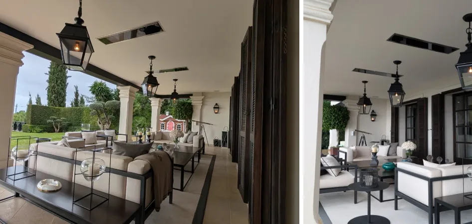 Black Bromic Platinum Electric heaters recessed into the ceiling of the covered terraces of a classically designed villa in Cascada de Camoján, Marbella, with lanterns and outdoor sofas