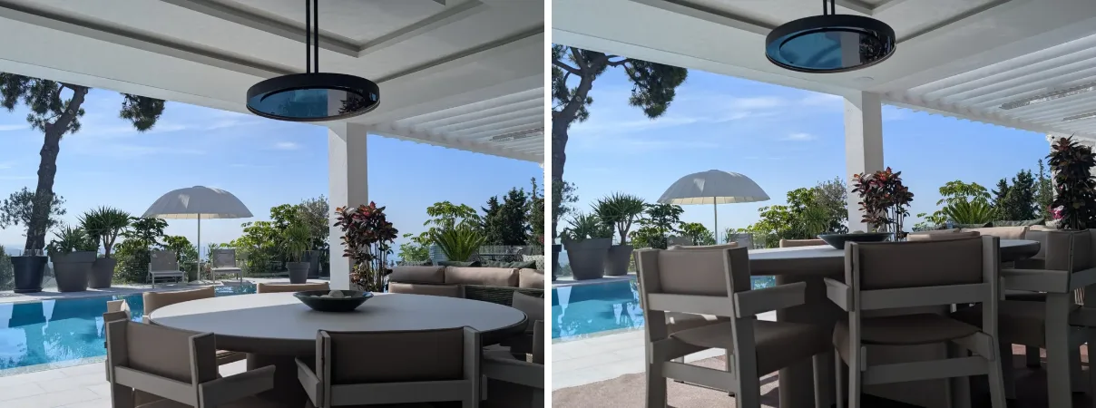Bromic Eclipse pendant heater hanging above a round outdoor dining table by the pool of a villa in Sierra Blanca, Marbella