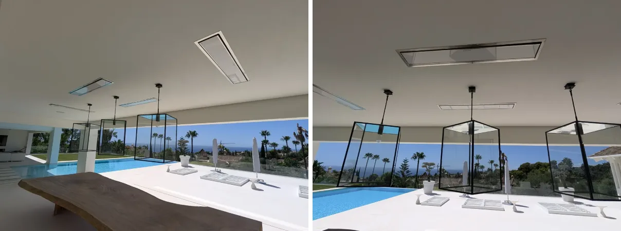 White Bromic Platinum Electric heaters recessed into the ceiling above the dining and lounge areas of a villa in Sierra Blanca, Marbella, next to the pool